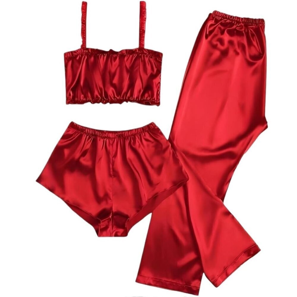 Satin Pajama Set 3-Piece Adjustable Straps Elegant Sleepwear Lounge Wear
